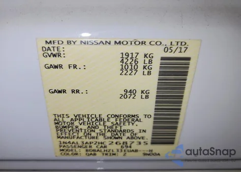 2017 Nissan Altima 2.5 z USA, uszkodzony, nr VIN 1N4AL3AP2HC268735